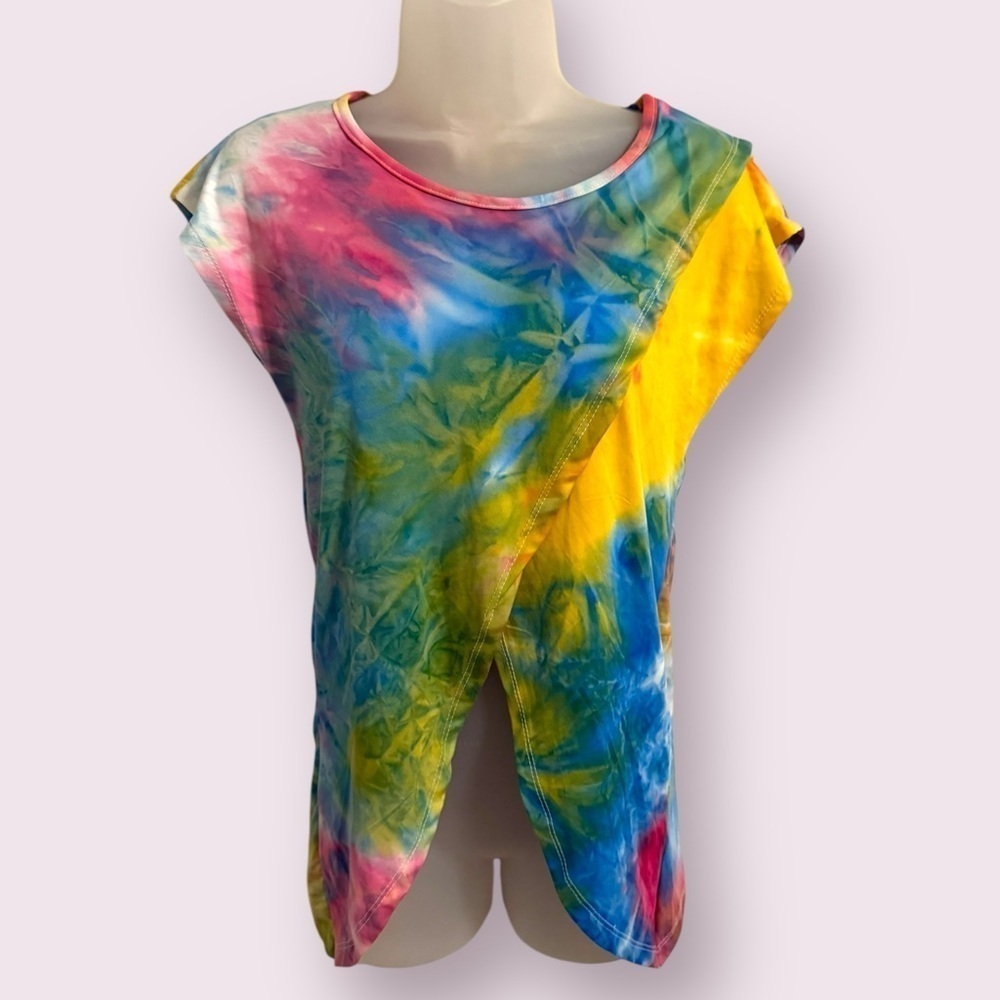 Tie Dye Wrap Split Top Irregular Hem Short Sleeve Multicolor Size L